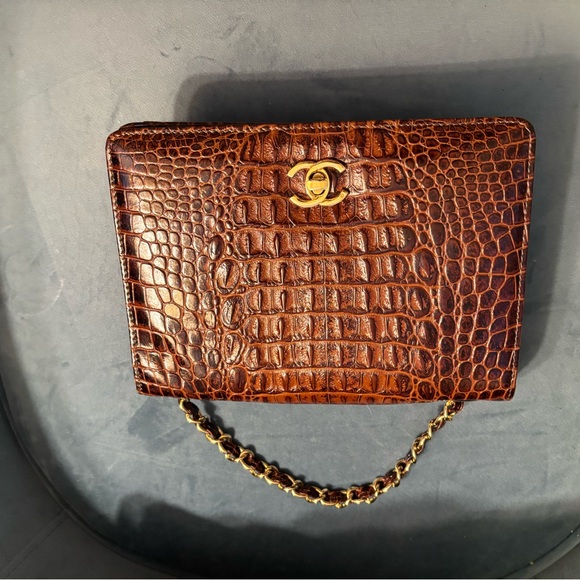 Chanel Brown and Gold Crocodile Embossed Clutch - Picture 1 of 3